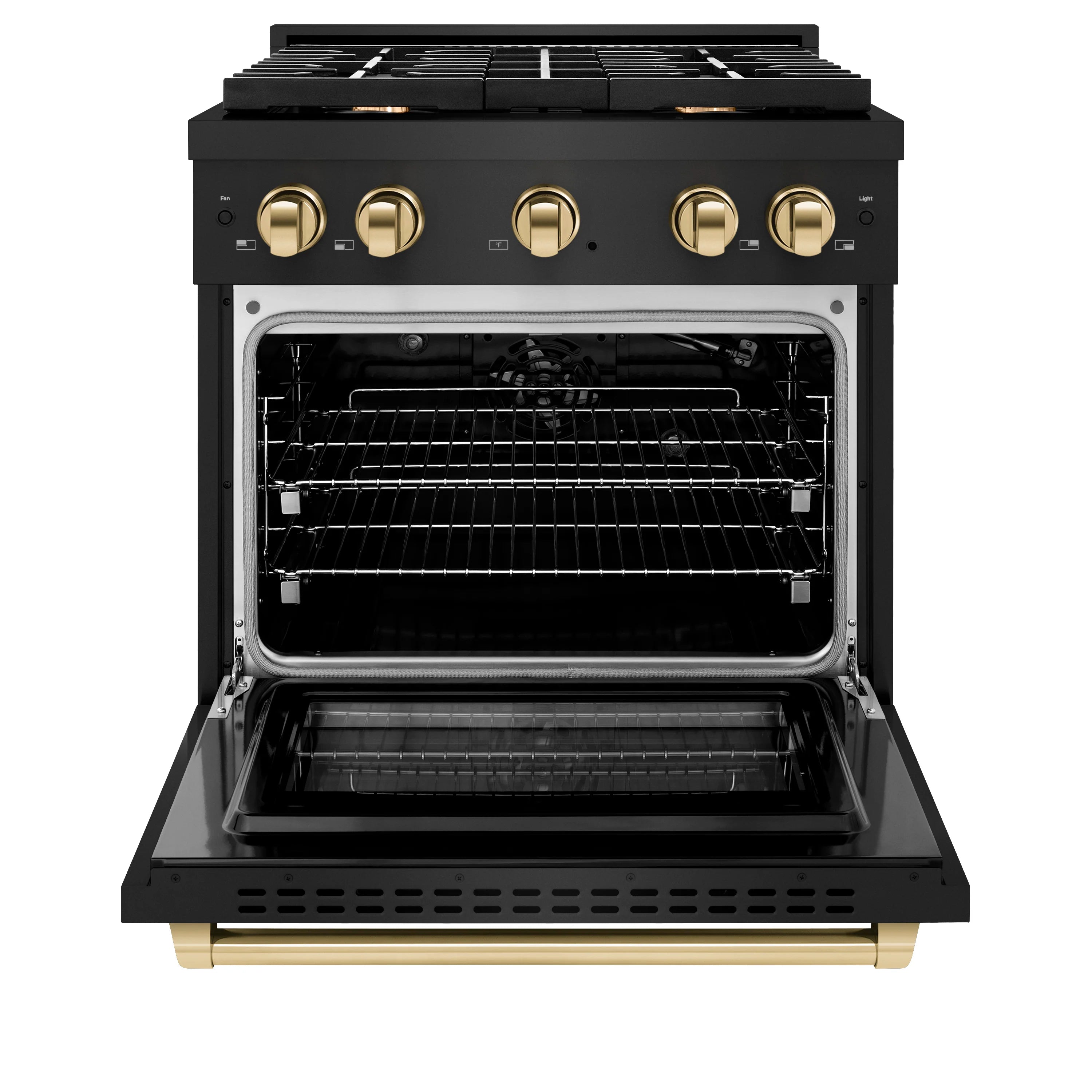 Black gas range with open oven door, racks inside, and gold control knobs
