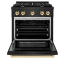 ZLINE Autograph Edition 3-Piece Appliance Package - 30-Inch Gas Range, Wall Mounted Range Hood, & 24-Inch Tall Tub Dishwasher in Black Stainless Steel with Gold Trim (3AKP-SGRBRHDWV30-G)