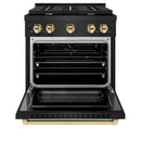 ZLINE 5-Piece Appliance Package - 30-Inch Paramount Gas Range, Wall Mount Range Hood, 36-Inch French Door Refrigerator, Dishwasher, and 30-Inch Microwave Drawer in Black Stainless Steel with Gold Accents