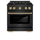 ZLINE Autograph Edition 3-Piece Appliance Package - 30-Inch Gas Range, Wall Mounted Range Hood, & 24-Inch Tall Tub Dishwasher in Black Stainless Steel with Gold Trim (3AKP-SGRBRHDWV30-G)