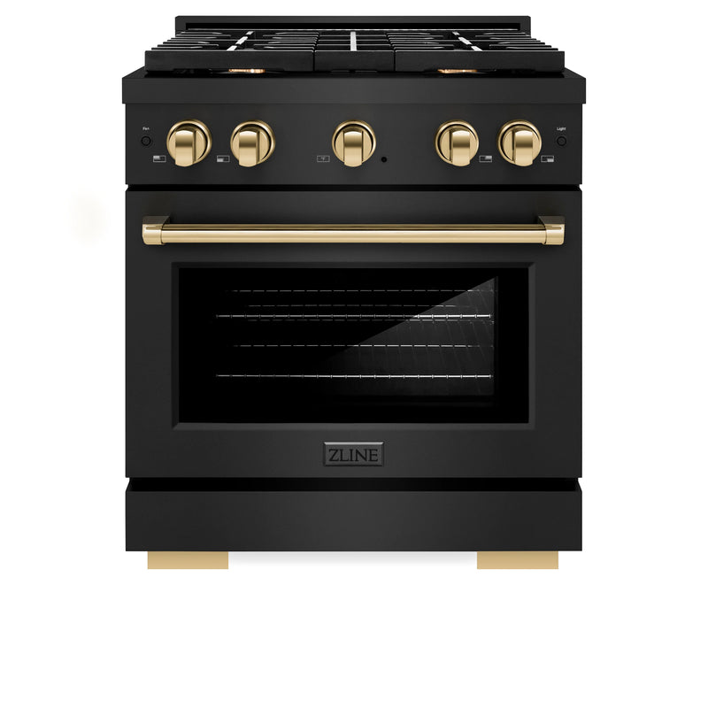 ZLINE Autograph Edition 3-Piece Appliance Package - 30-Inch Gas Range, Wall Mounted Range Hood, & 24-Inch Tall Tub Dishwasher in Black Stainless Steel with Gold Trim (3AKP-RGBRHDWV30-G)