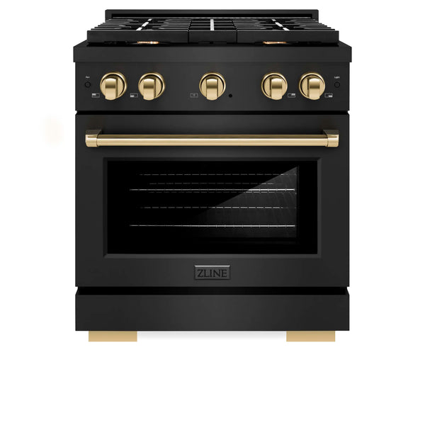 ZLINE Autograph Edition 30-Inch Gas Range with 4 Gas Burners and 4.2 cu. ft. Convection Gas Oven in Black Stainless Steel and Polished Gold Accents (SGRBZ-30-G)