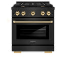 ZLINE 5-Piece Appliance Package - 30-Inch Paramount Gas Range, Wall Mount Range Hood, 36-Inch French Door Refrigerator, Dishwasher, and 30-Inch Microwave Drawer in Black Stainless Steel with Gold Accents