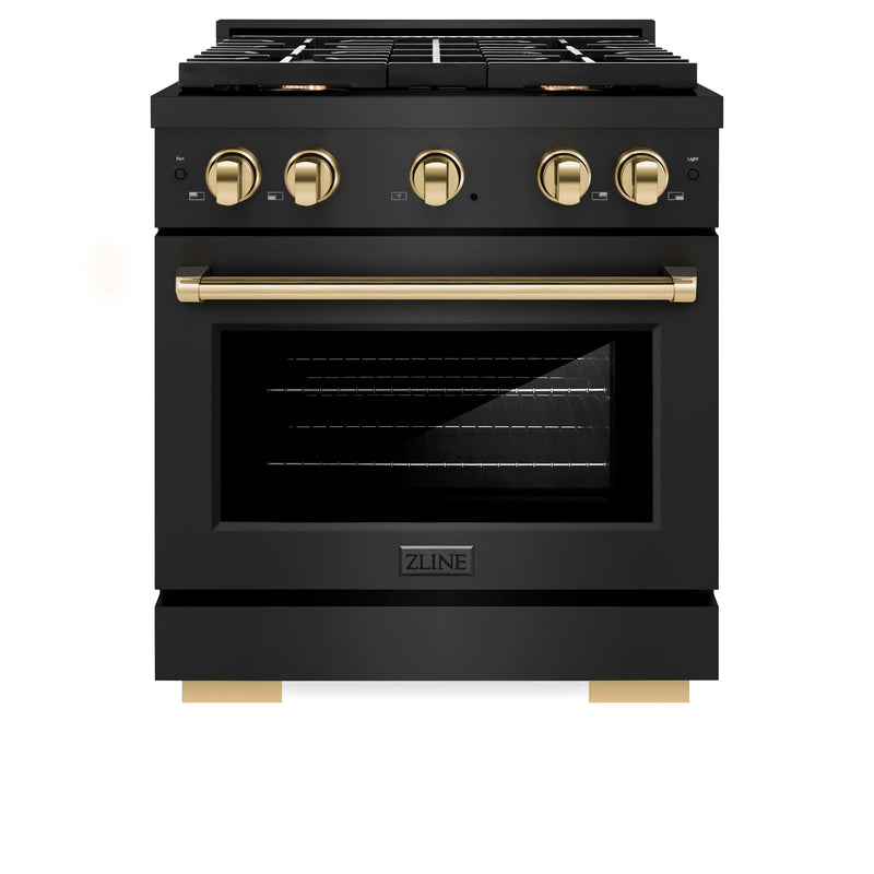 ZLINE Autograph Edition 30-Inch Paramount Gas Range with 4 Gas Burners and 4.2 cu. ft. Convection Gas Oven in Black Stainless Steel and Polished Gold Accents (SGRBZ-30-G)