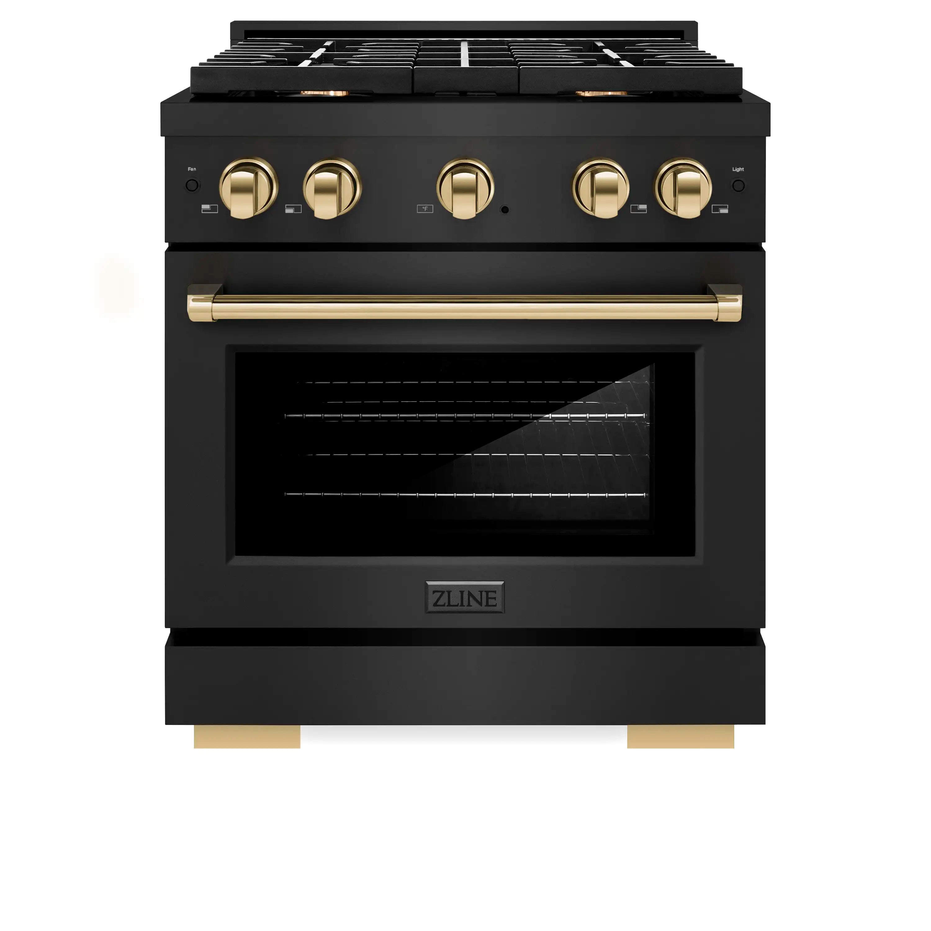 Black gas range with gold control knobs and oven window trim