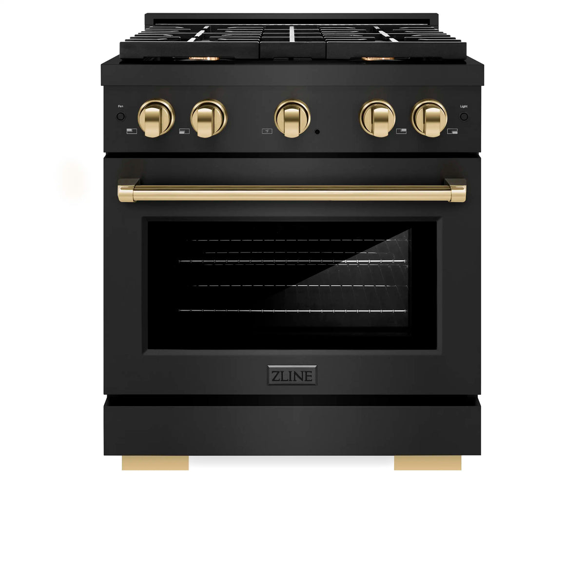 ZLINE 4-Piece Appliance Package - 30-Inch Paramount Gas Range, Refrigerator, Dishwasher, and 24-Inch Microwave Drawer in Black Stainless Steel with Gold Accents