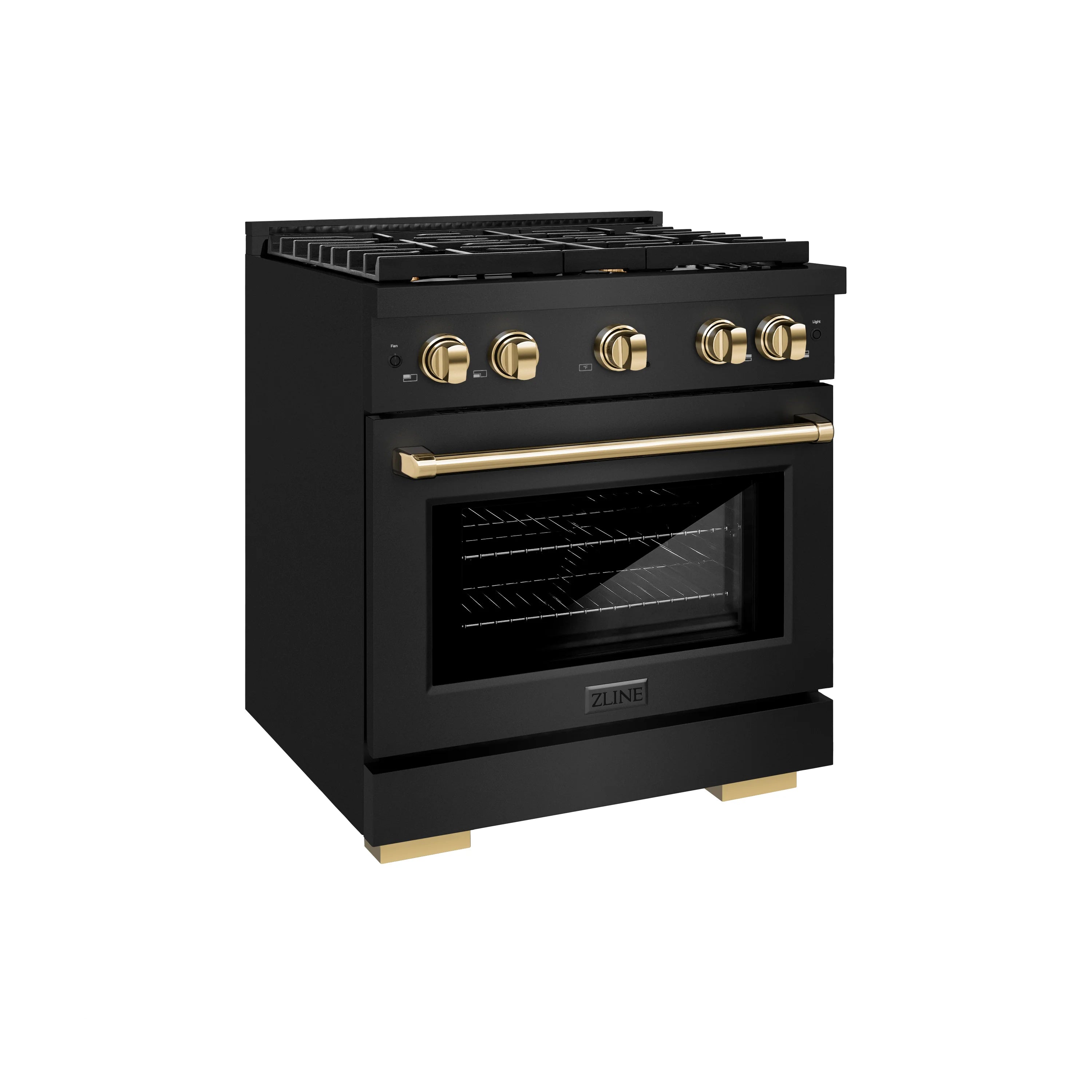 Black gas range with gold handle and gold-ring control knobs, angled view