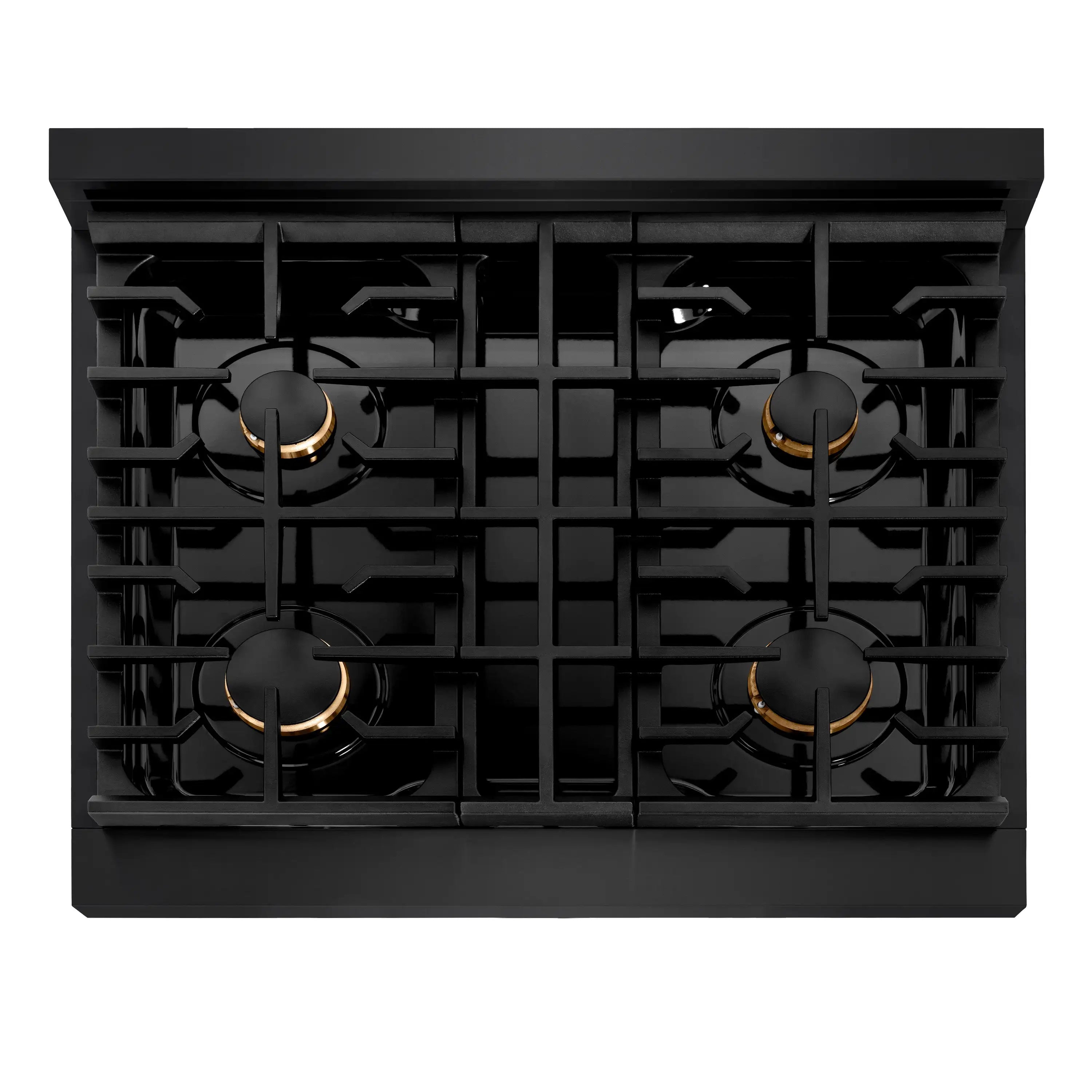 Black gas cooktop with five burner grates and gold-ring burner caps.