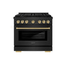ZLINE 3-Piece Appliance Package - 36-Inch Paramount Gas Range, 36-Inch French Door Refrigerator with Water Dispenser, Dishwasher, in Black Stainless Steel with Champagne Bronze Accents