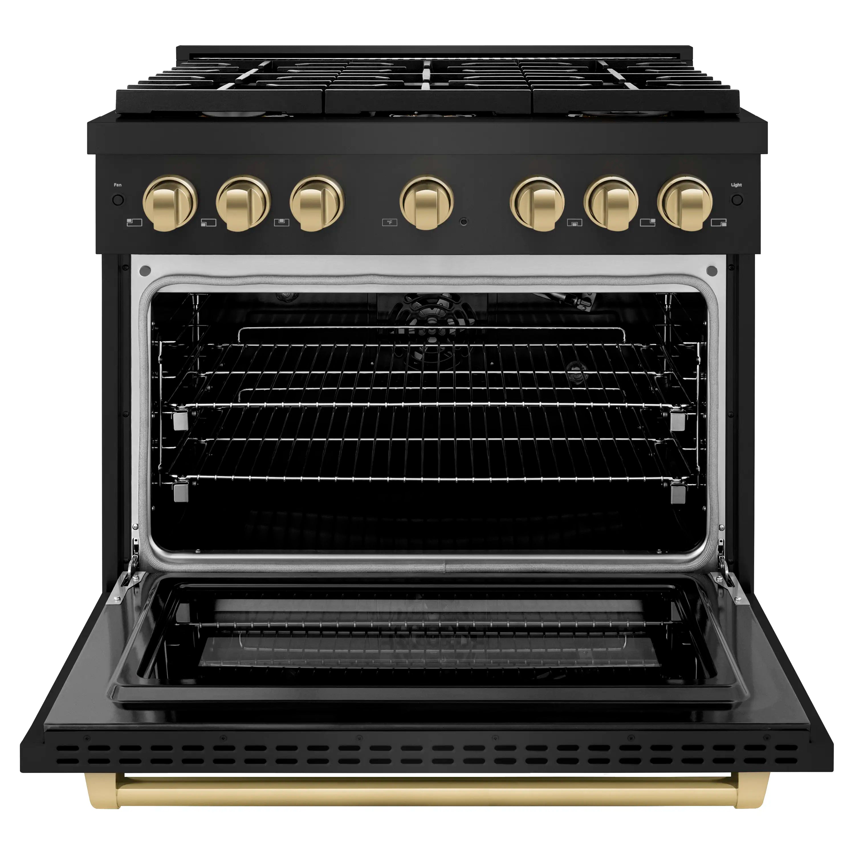 Black gas oven open showing wire racks and interior cavity with gold trim