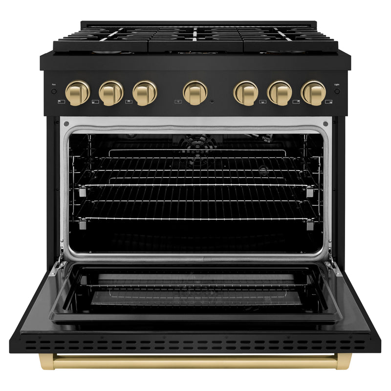 ZLINE Autograph Edition 3-Piece Appliance Package - 36-Inch Gas Range, Wall Mounted Range Hood, & 24-Inch Tall Tub Dishwasher in Black Stainless Steel with Champagne Bronze Trim (3AKP-RGBRHDWV36-CB)