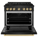 ZLINE 4-Piece Appliance Package - 36-Inch Paramount Gas Range, Wall Mount Range Hood, 36-Inch French Door Refrigerator with Water Dispenser, Dishwasher, in Black Stainless Steel with Champagne Bronze Accents