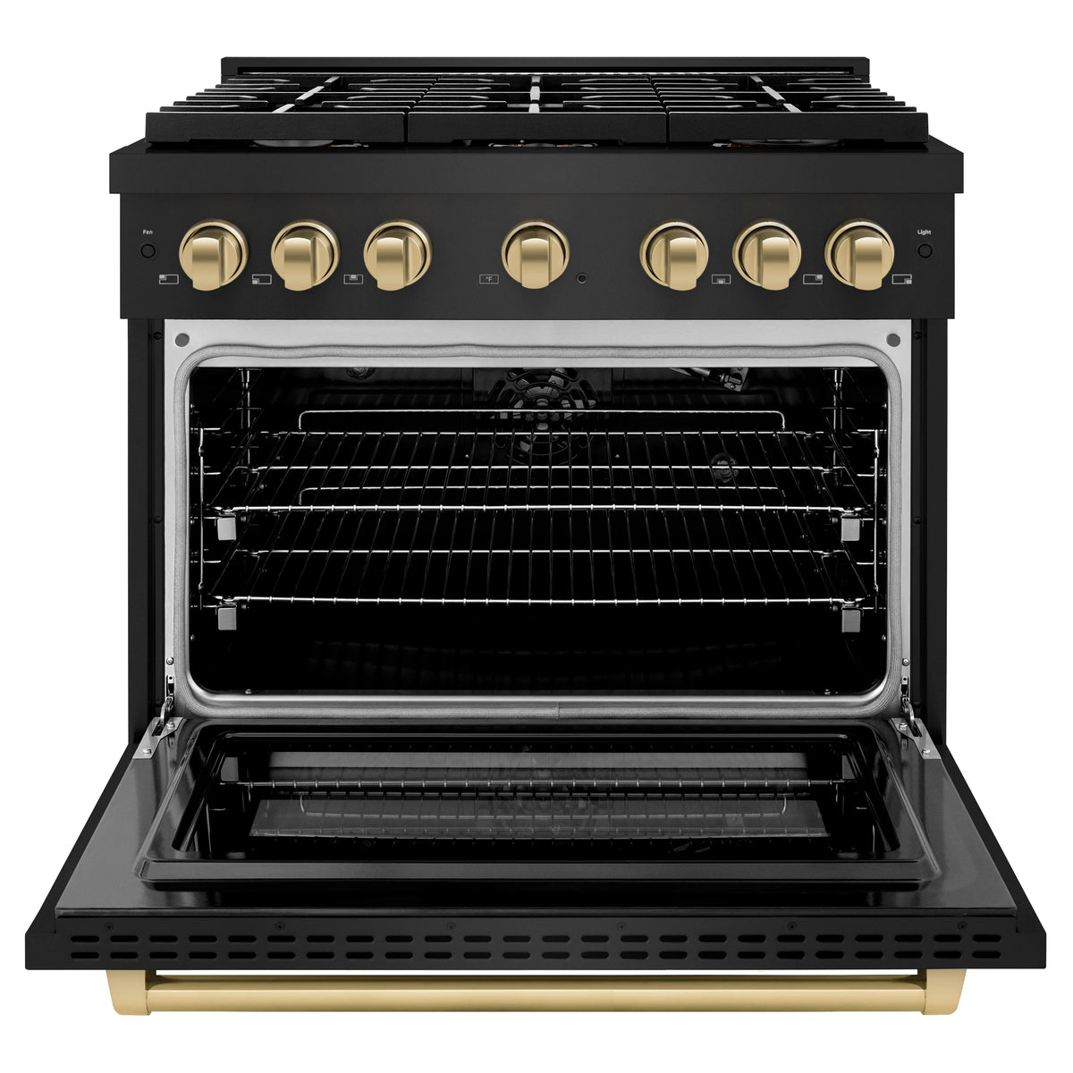 Black gas range with open oven door showing racks and interior, champagne bronze trim