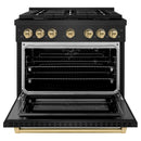ZLINE Autograph Edition 4-Piece Appliance Package - 36-Inch Gas Range, Refrigerator, Wall Mounted Range Hood, & 24-Inch Tall Tub Dishwasher in Black Stainless Steel with Champagne Bronze Trim (4AKPR-SGRBRHDWV36-CB)