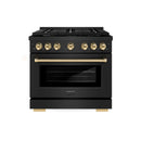 ZLINE 4-Piece Appliance Package - 36-Inch Paramount Gas Range, Wall Mount Range Hood, 36-Inch French Door Refrigerator, Dishwasher, in Black Stainless Steel with Gold Accents