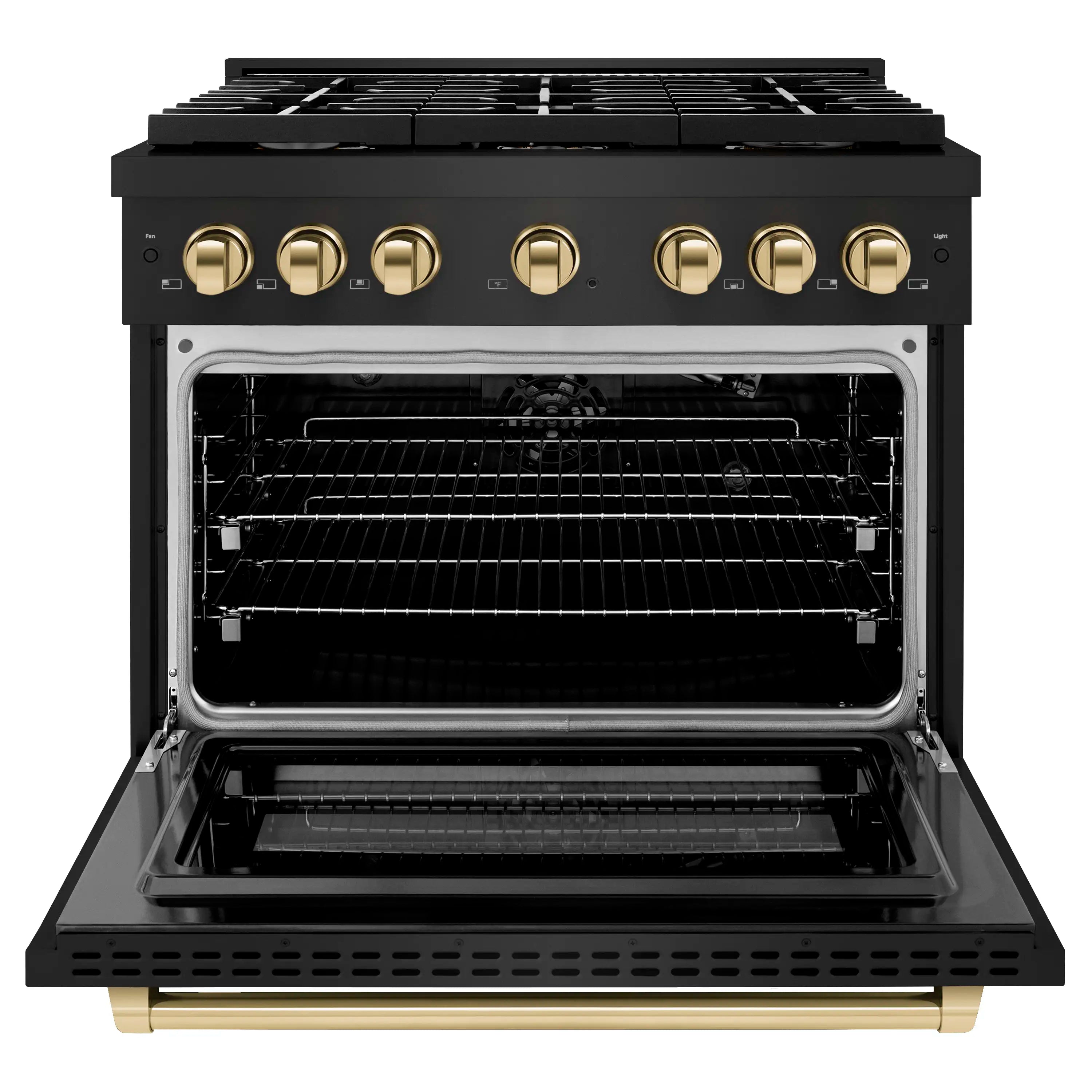 Open convection gas oven with wire racks, black interior, and gold side accents