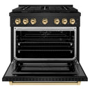 ZLINE Autograph Edition 4-Piece Appliance Package - 36-Inch Gas Range, Refrigerator with Water Dispenser, Wall Mounted Range Hood, & 24-Inch Tall Tub Dishwasher in Black Stainless Steel with Gold Trim (4KAPR-SGRBRHDWV36-G)