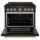 ZLINE 5-Piece Appliance Package - 36-Inch Paramount Gas Range, Wall Mount Range Hood, 36-Inch French Door Refrigerator, Dishwasher, and 30-Inch Microwave Drawer in Black Stainless Steel with Gold Accents