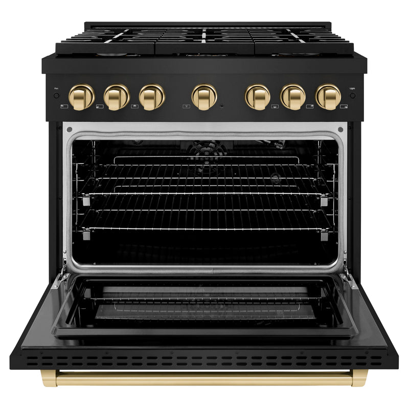 ZLINE Autograph Edition 2-Piece Appliance Package - 36-Inch Gas Range & Wall Mounted Range Hood in Black Stainless Steel with Gold Trim (2AKP-RGBRH36-G)