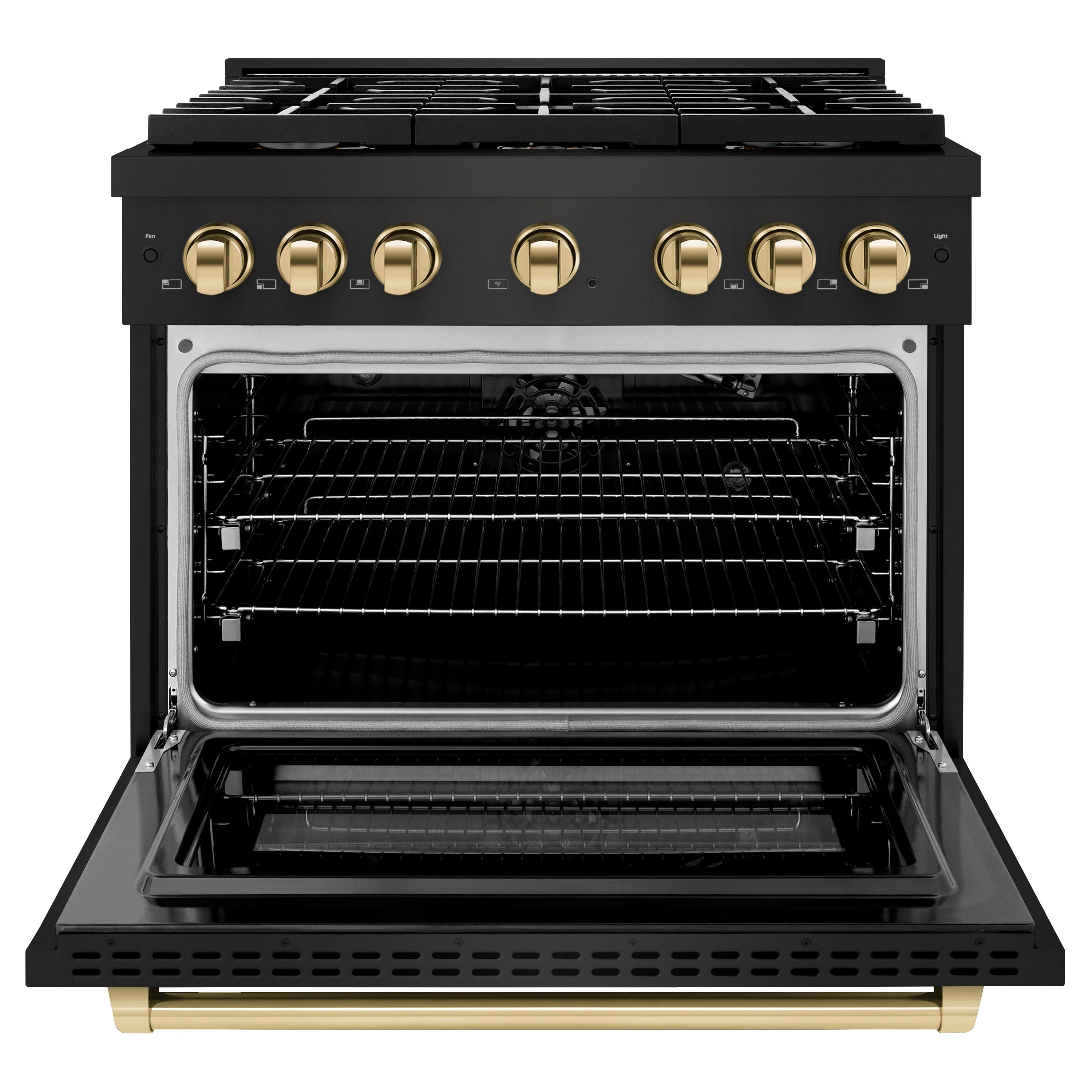 Black gas range oven with open door and interior racks