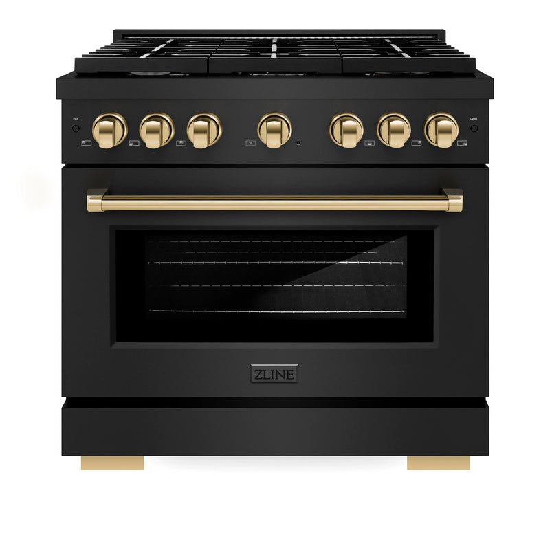 ZLINE Autograph Edition 2-Piece Appliance Package - 36-Inch Gas Range & Wall Mounted Range Hood in Black Stainless Steel with Gold Trim (2AKP-RGBRH36-G)