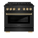 ZLINE Autograph Edition 4-Piece Appliance Package - 36-Inch Gas Range, Refrigerator with Water Dispenser, Wall Mounted Range Hood, & 24-Inch Tall Tub Dishwasher in Black Stainless Steel with Gold Trim (4KAPR-SGRBRHDWV36-G)