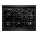 ZLINE 5-Piece Appliance Package - 36-Inch Paramount Gas Range, Wall Mount Range Hood, 36-Inch French Door Refrigerator with Water Dispenser, Dishwasher, and 30-Inch Microwave Drawer in Black Stainless Steel with Gold Accents