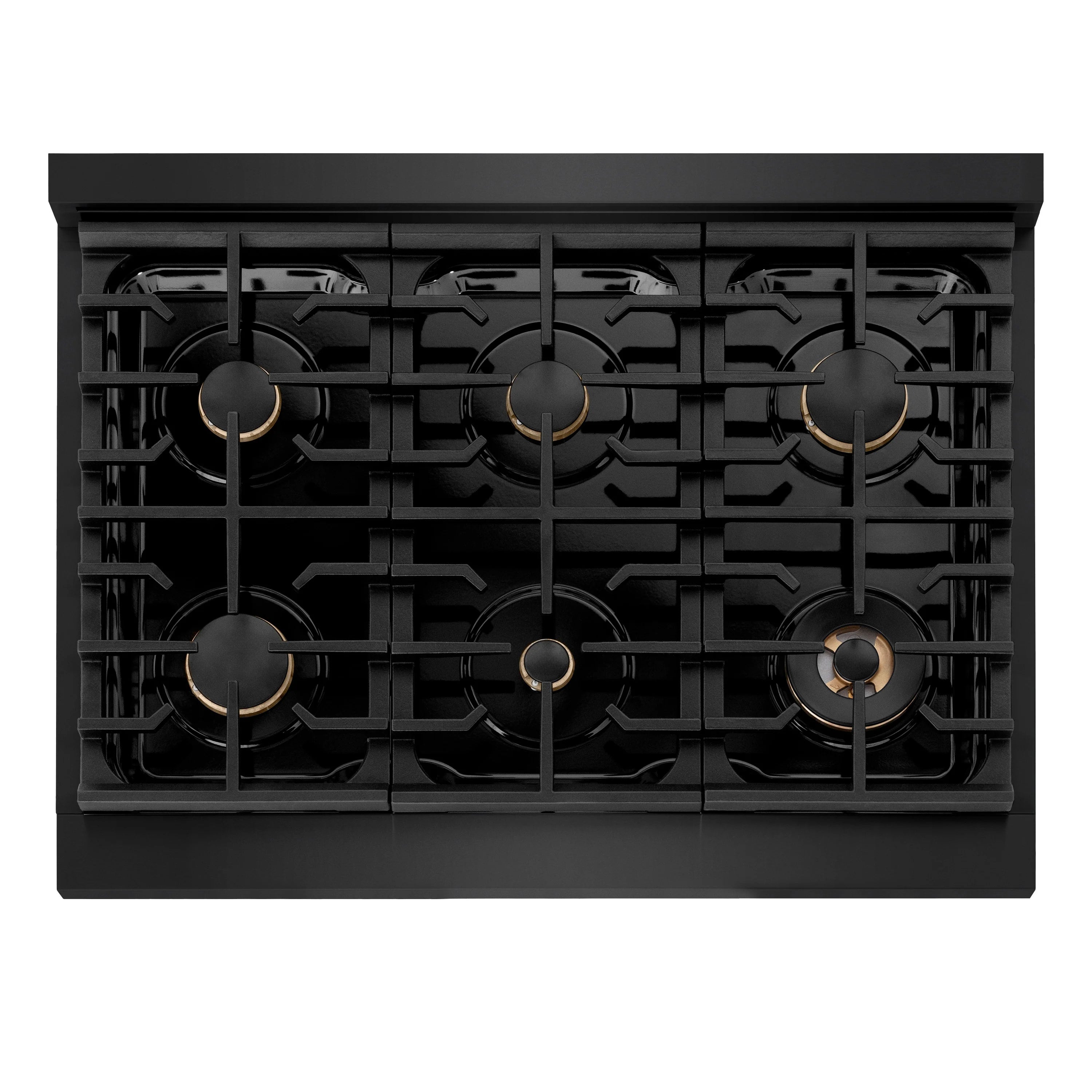 Black cooktop with multiple round burners and gold-trimmed centers