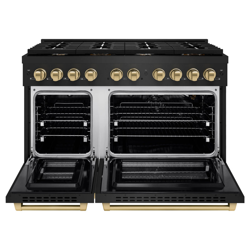 ZLINE Autograph Edition 4-Piece Appliance Package - 48-Inch Gas Range, Refrigerator, Wall Mounted Range Hood, & 24-Inch Tall Tub Dishwasher in Black Stainless Steel with Champagne Bronze Trim (4AKPR-RGBRHDWV48-CB)