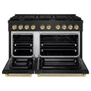 ZLINE 5-Piece Appliance Package - 48-Inch Paramount Gas Range, Wall Mount Range Hood, 36-Inch French Door Refrigerator, Dishwasher, and 30-Inch Microwave Drawer in Black Stainless Steel with Champagne Bronze Accents