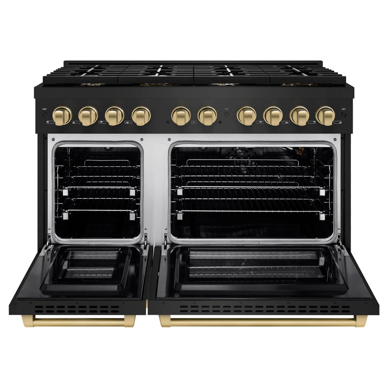 ZLINE Autograph Edition 48-Inch Paramount Gas Range with 8 Gas Burners and 6.7 cu. ft. Double Gas Oven in Black Stainless Steel and Champagne Bronze Accents (SGRBZ-48-CB)