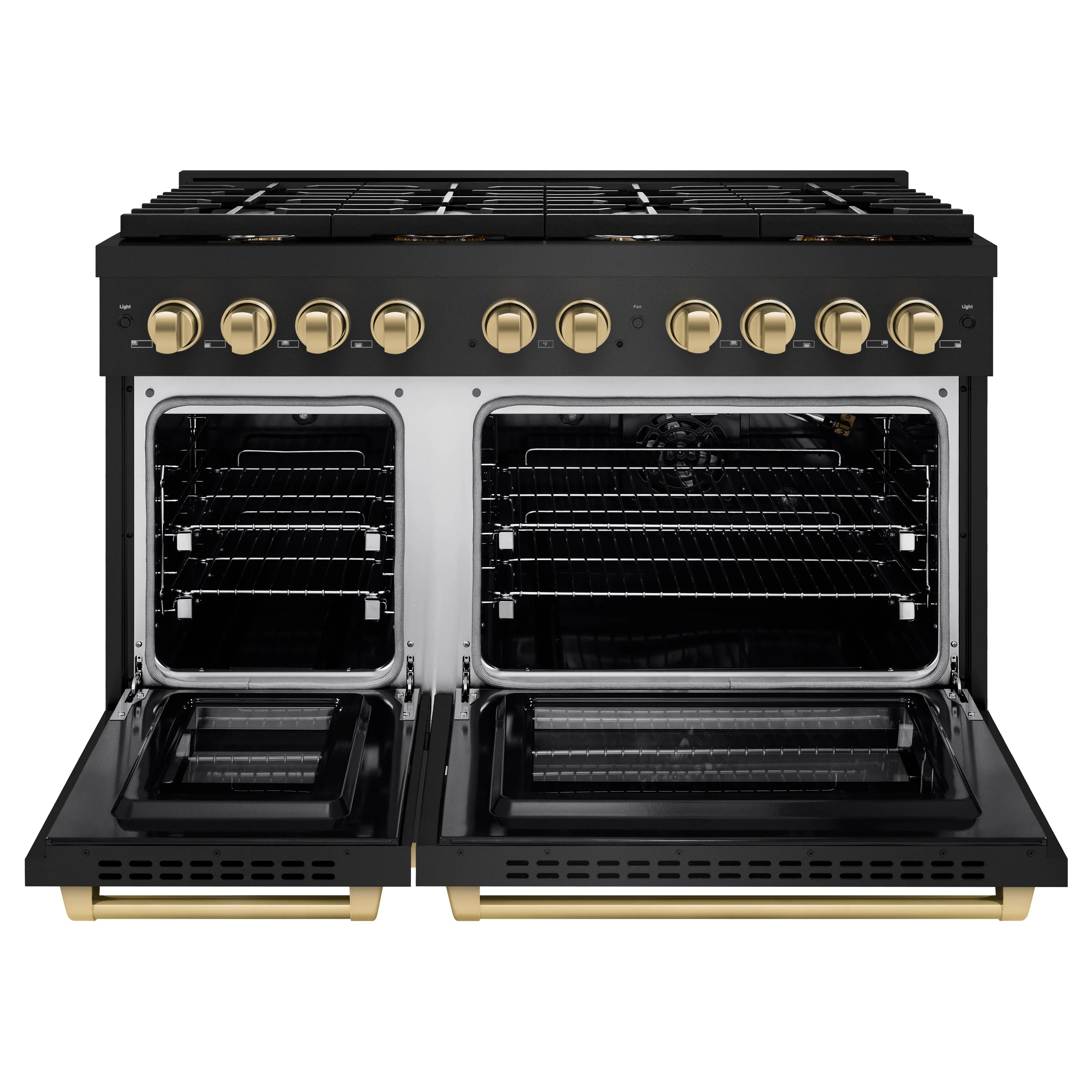 Black gas range with two open oven doors and brass knobs with bronze trim