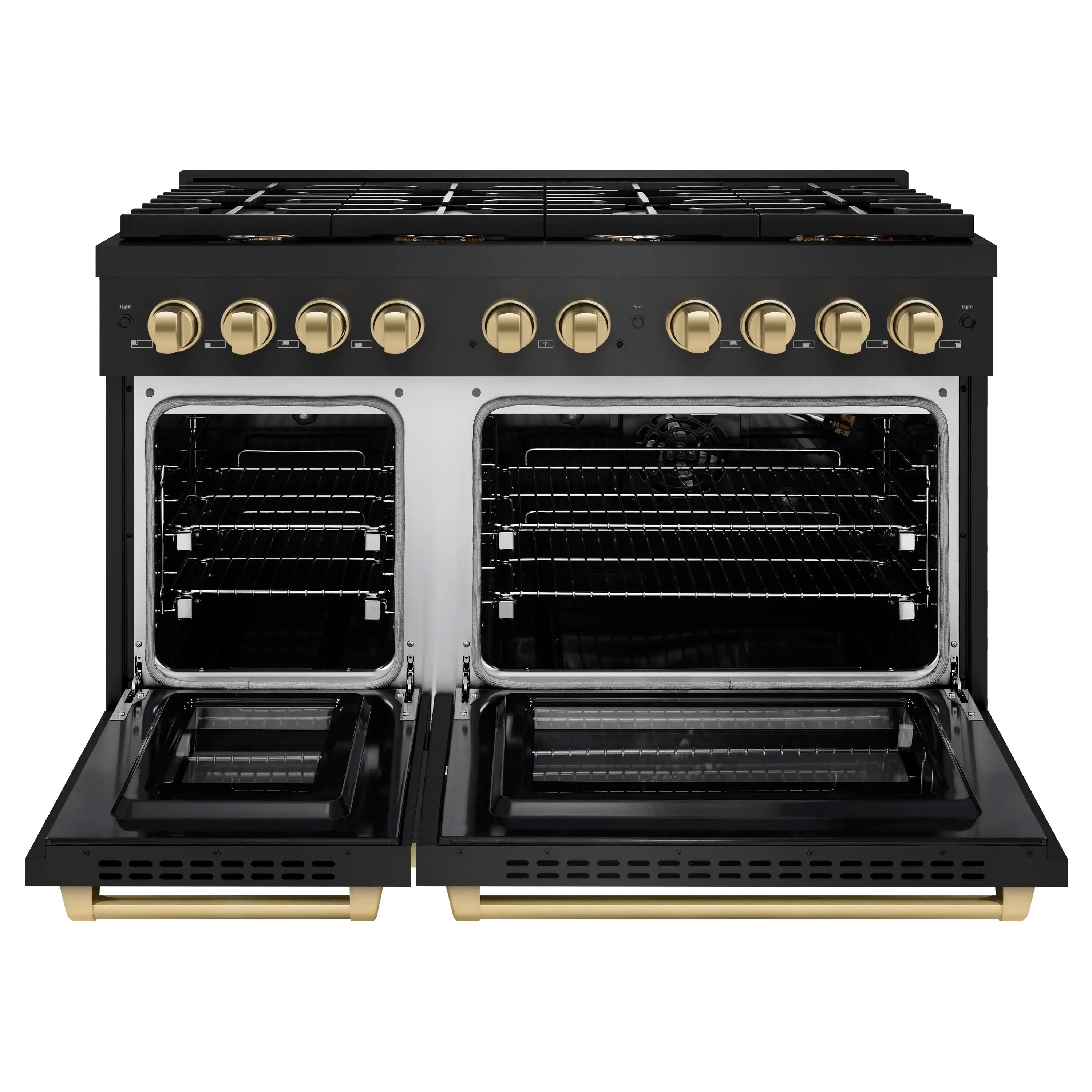 Black gas range with two open oven doors, wire racks inside, and brass-look lower handles