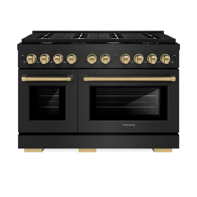 ZLINE Autograph Edition 3-Piece Appliance Package - 48-Inch Gas Range, Wall Mounted Range Hood, & 24-Inch Tall Tub Dishwasher in Black Stainless Steel with Champagne Bronze Trim (3AKPR-RGBRHDWV48-CB)