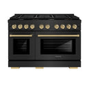ZLINE 5-Piece Appliance Package - 48-Inch Paramount Gas Range, Wall Mount Range Hood, 36-Inch French Door Refrigerator with Water Dispenser, Dishwasher, and 30-Inch Microwave Drawer in Black Stainless Steel with Champagne Bronze Accents