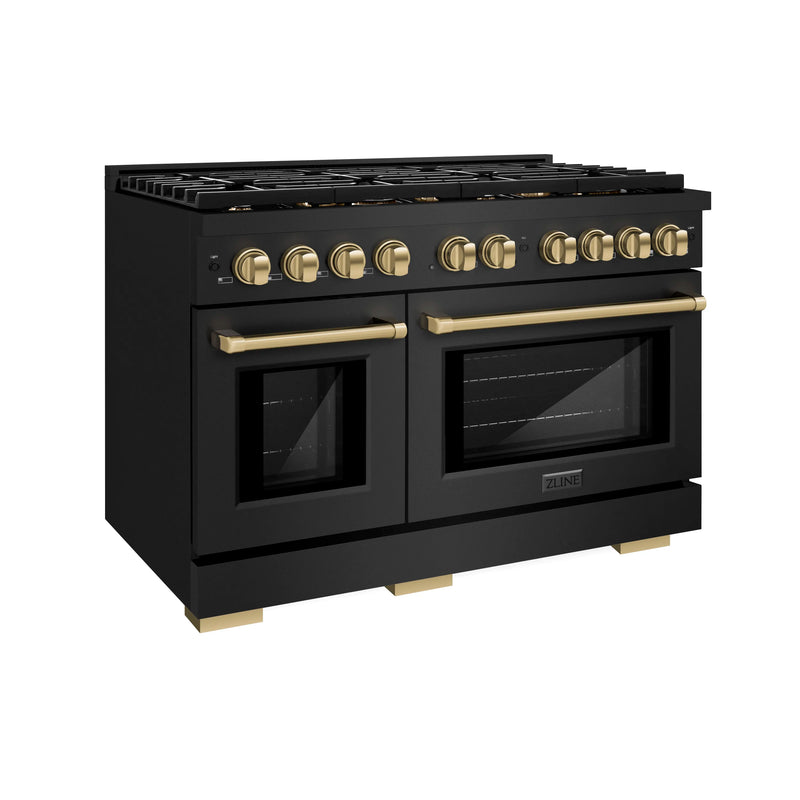 ZLINE Autograph Edition 48-Inch Paramount Gas Range with 8 Gas Burners and 6.7 cu. ft. Double Gas Oven in Black Stainless Steel and Champagne Bronze Accents (SGRBZ-48-CB)