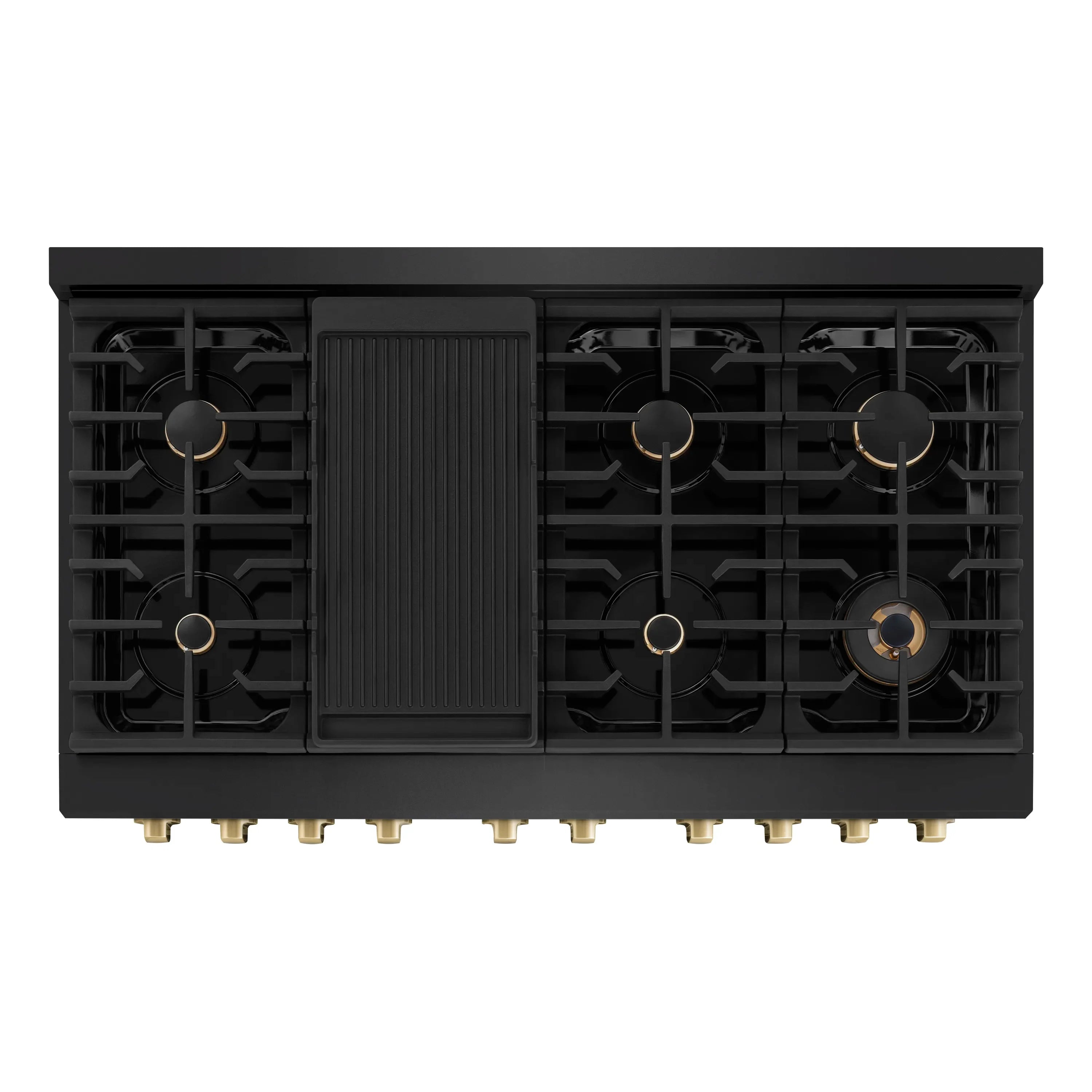 ZLINE black gas range cooktop view with grates and 4 burners