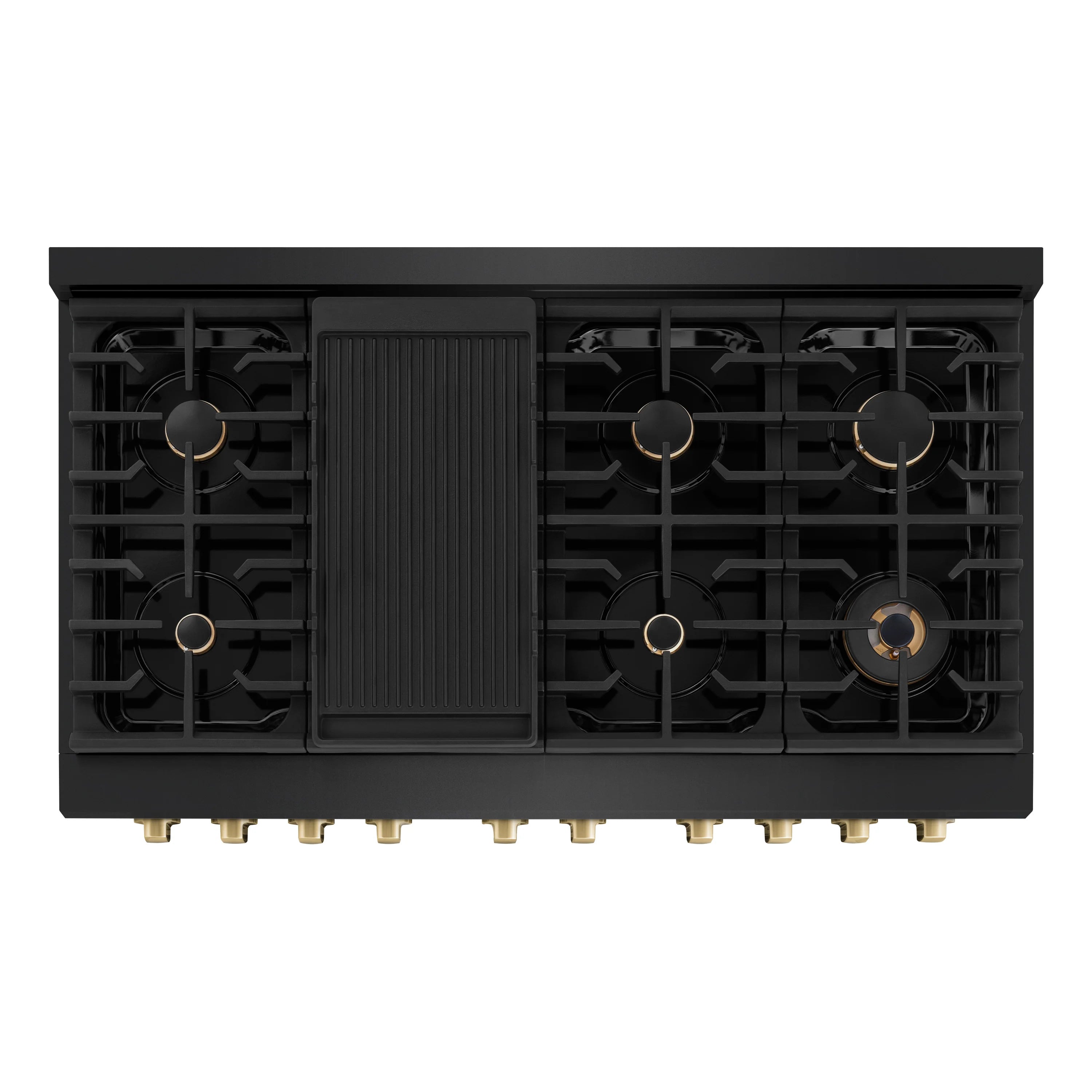 Black gas cooktop with four burners and a center grill griddle insert