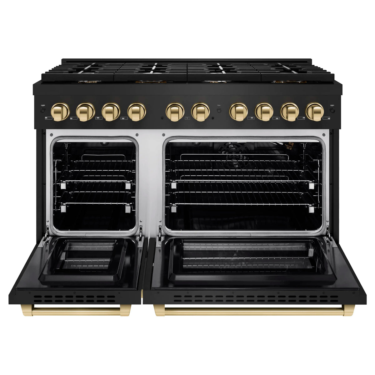 Black gas range with open dual ovens showing racks and gold oven handles
