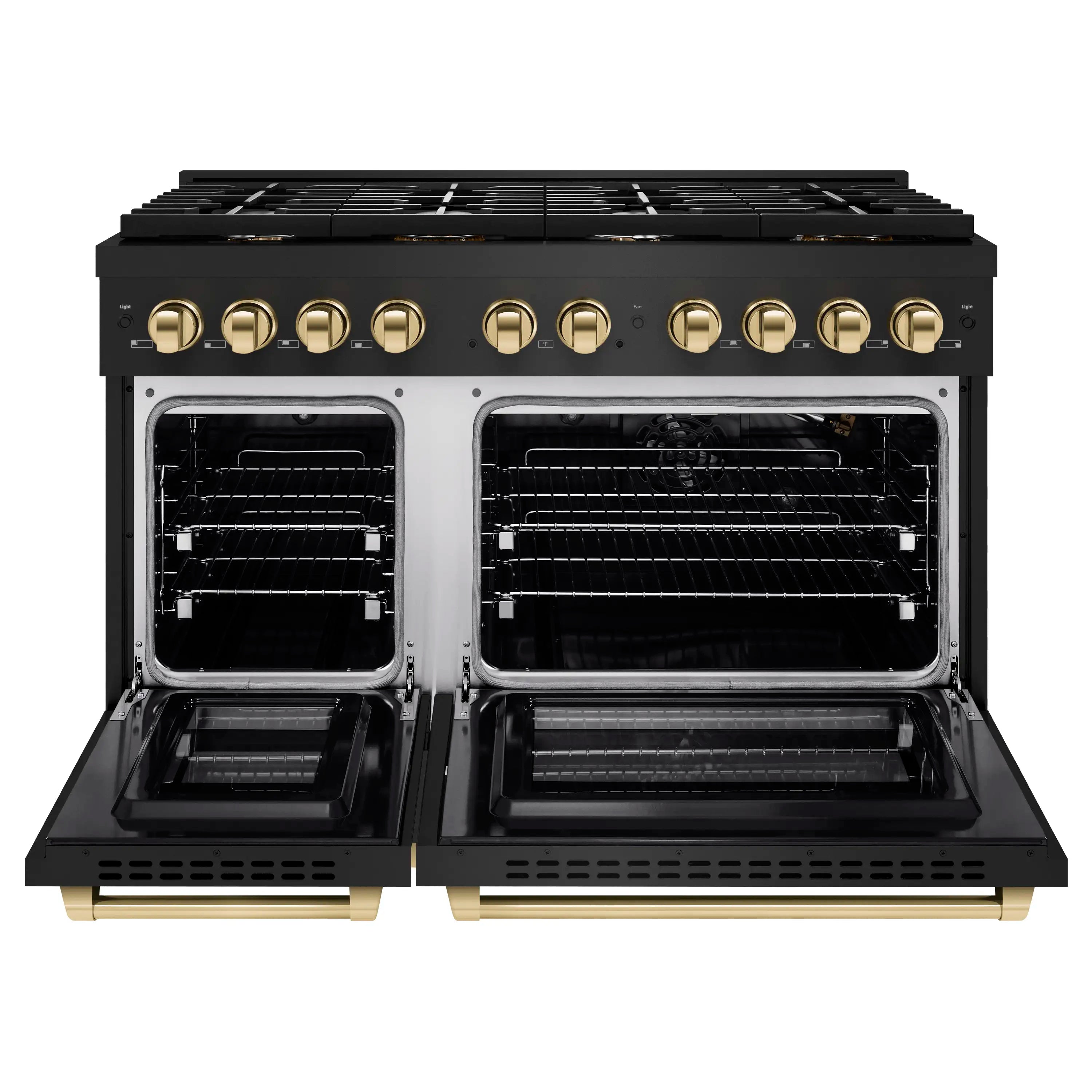Black gas range with open double ovens and gold handle bars, front view