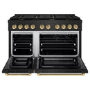 ZLINE 4-Piece Appliance Package - 48-Inch Paramount Gas Range, Wall Mount Range Hood, 36-Inch French Door Refrigerator, Dishwasher, in Black Stainless Steel with Gold Accents