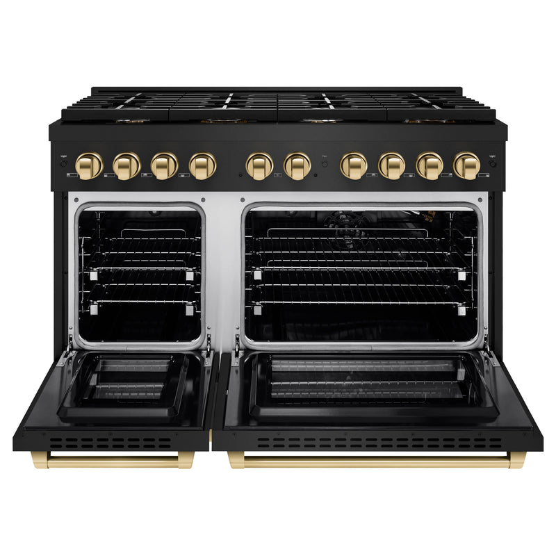 ZLINE Autograph Edition 4-Piece Appliance Package - 48-Inch Gas Range, Refrigerator with Water Dispenser, Wall Mounted Range Hood, & 24-Inch Tall Tub Dishwasher in Black Stainless Steel with Gold Trim (4KAPR-RGBRHDWV48-G)