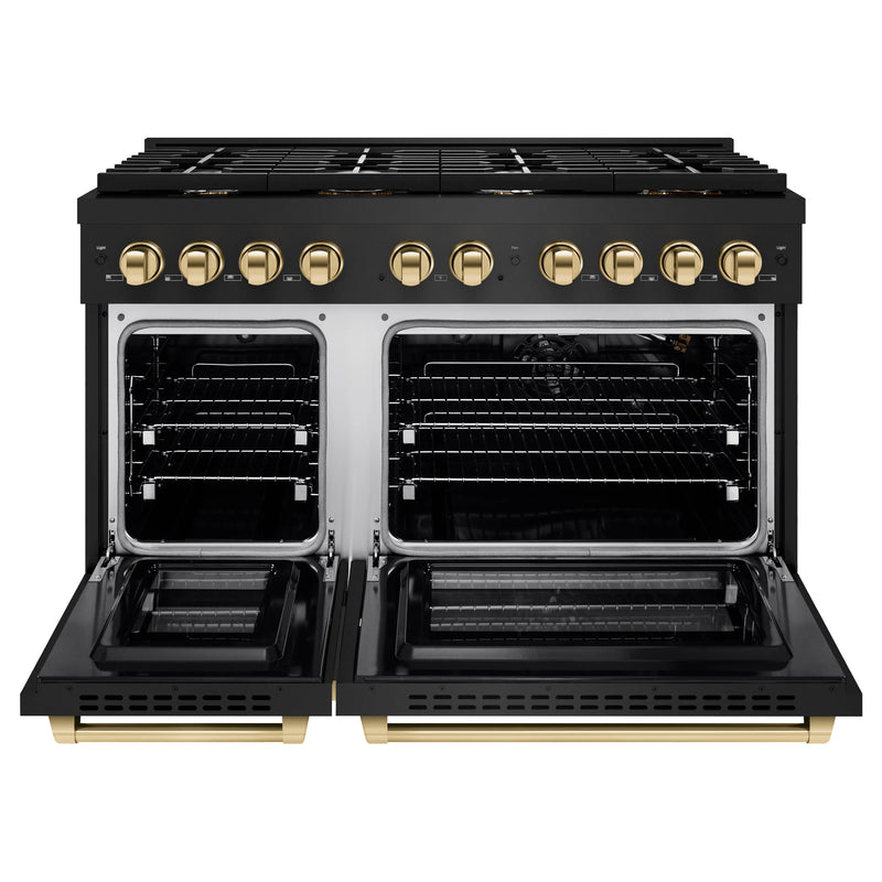 ZLINE Autograph Edition 2-Piece Appliance Package - 48-Inch Gas Range & Wall Mounted Range Hood in Black Stainless Steel with Gold Trim (2AKPR-RGBRH48-G)