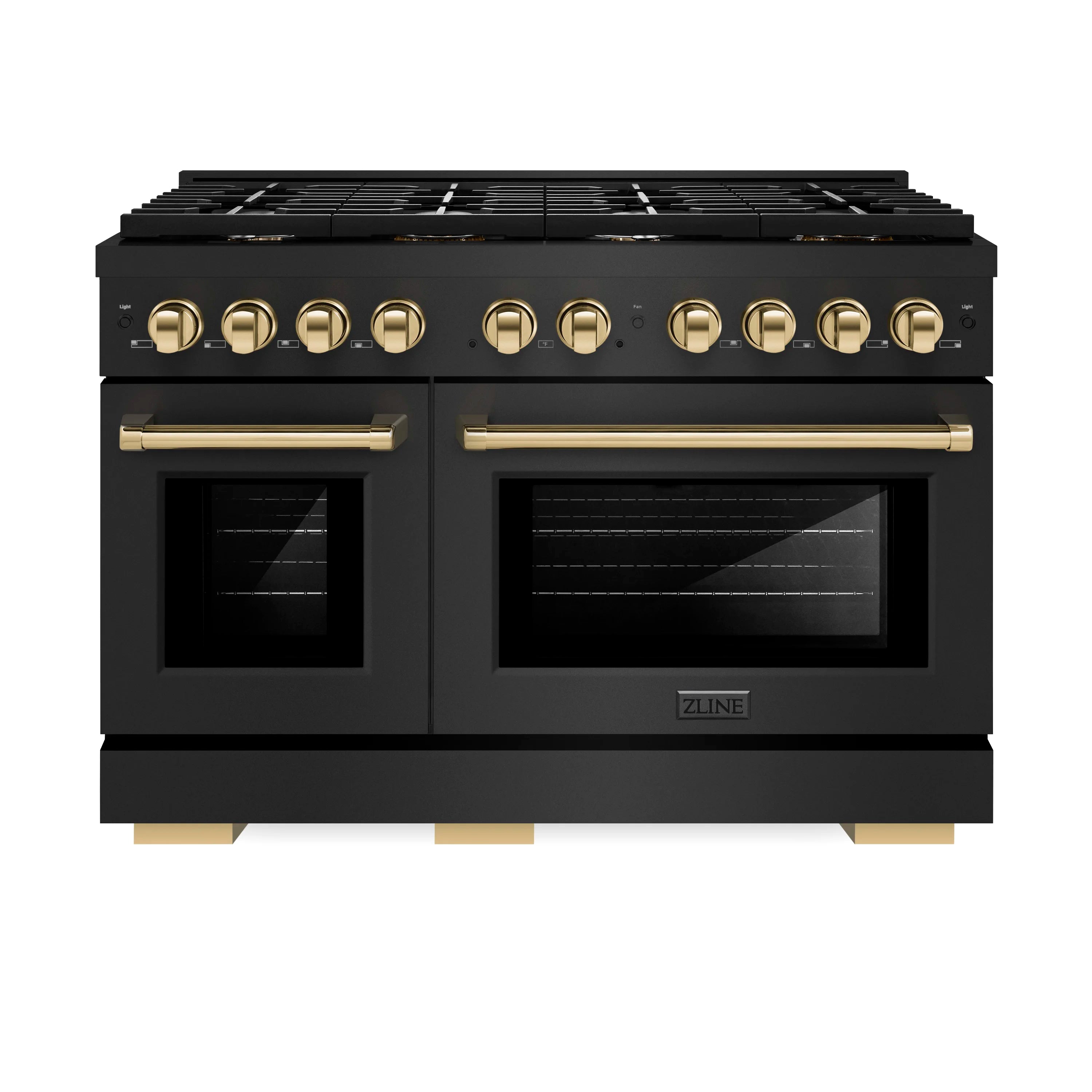 Black gas range with gold knobs, dual ovens, and two gold oven handles