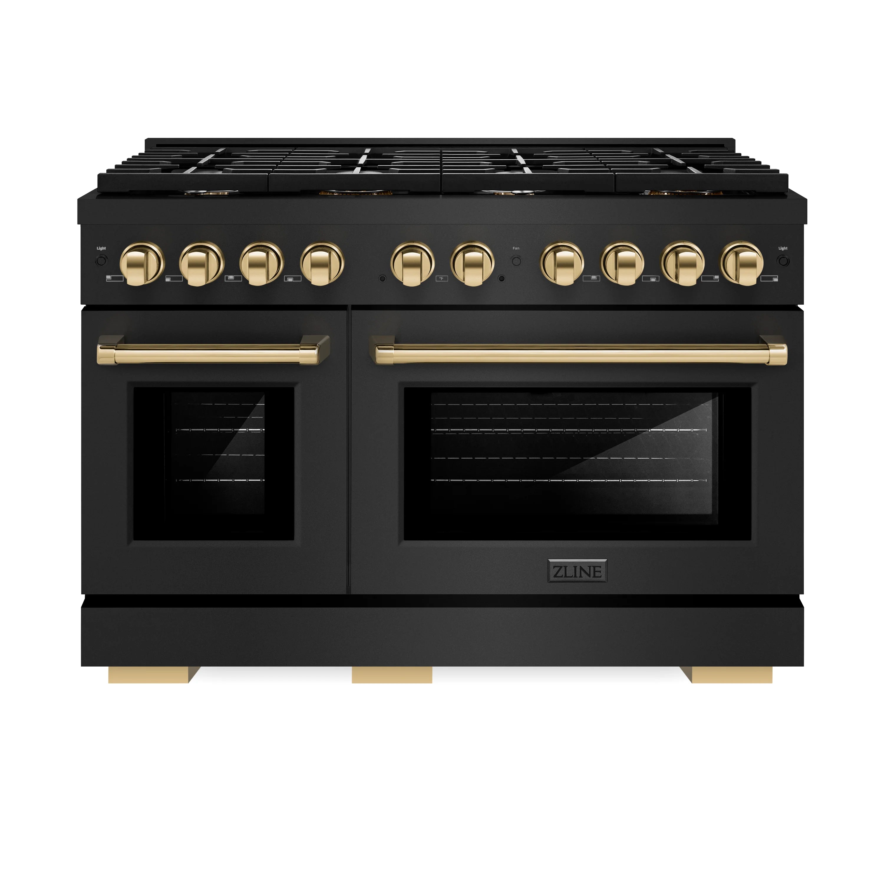 Black 48-inch gas range front panel with gold knobs and dual oven doors