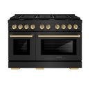 ZLINE 4-Piece Appliance Package - 48-Inch Paramount Gas Range, Wall Mount Range Hood, 36-Inch French Door Refrigerator, Dishwasher, in Black Stainless Steel with Gold Accents