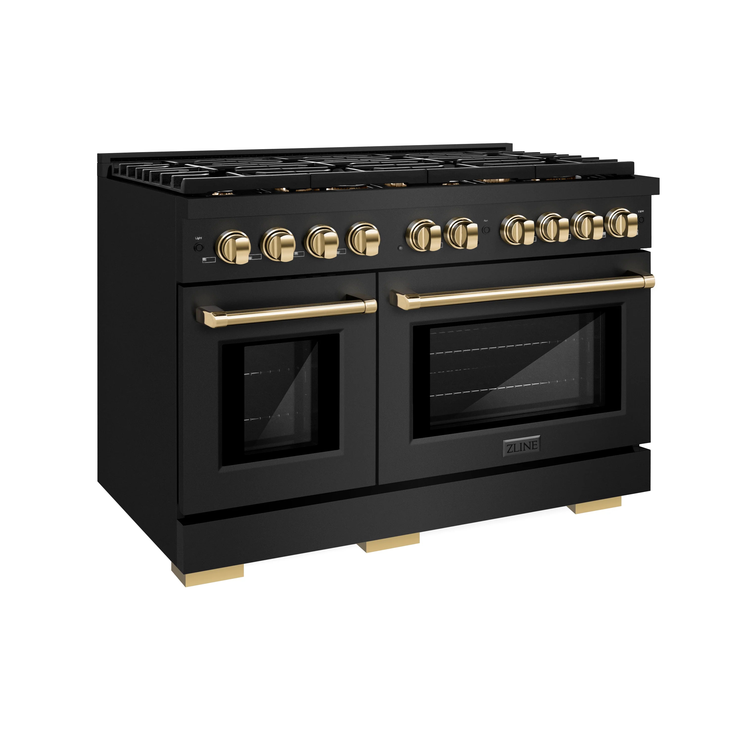 Black gas range with gold control knobs and two oven windows