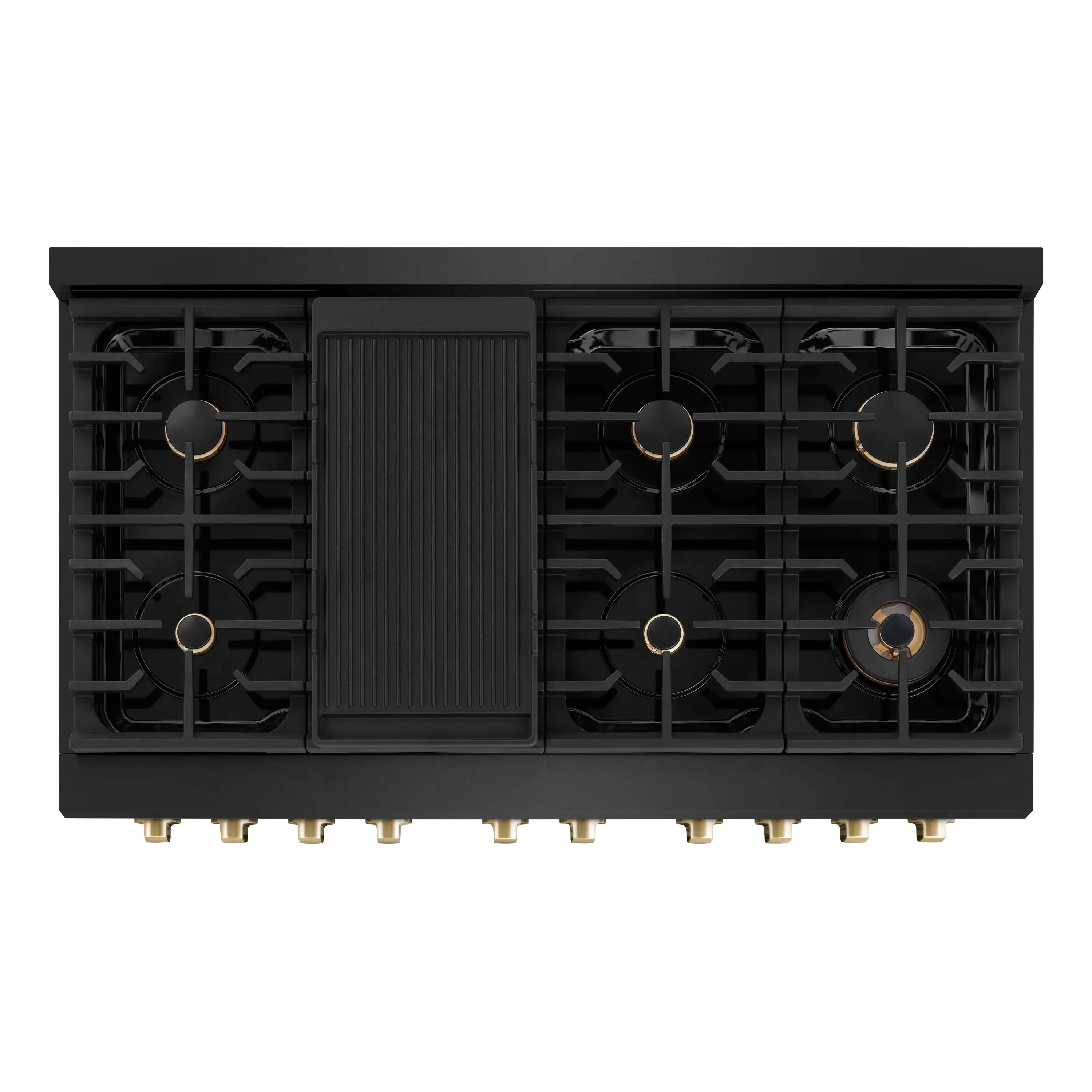 Black gas range cooktop base with burner grates and center ignition module