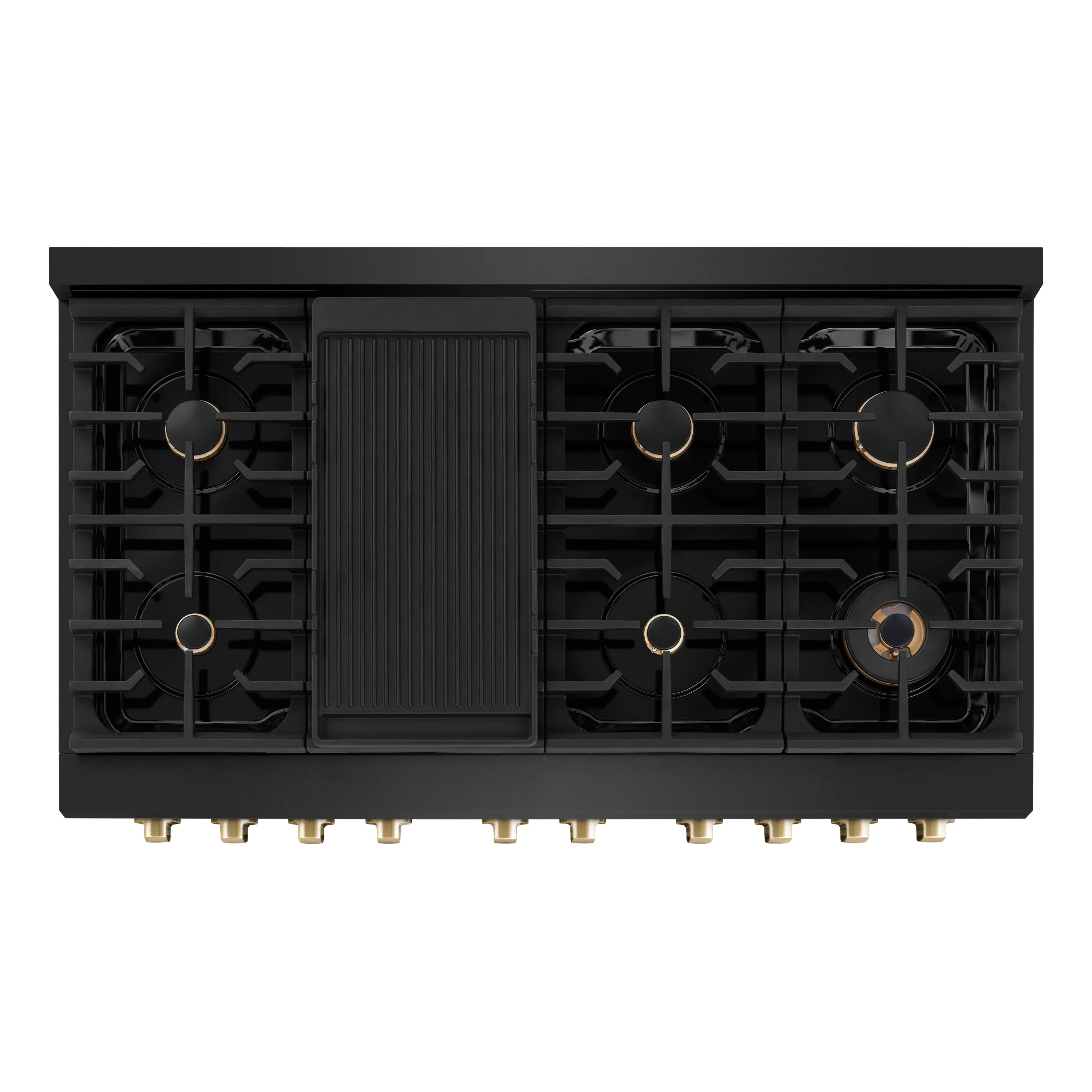 Black gas range back panel with burner ports and control knob layout