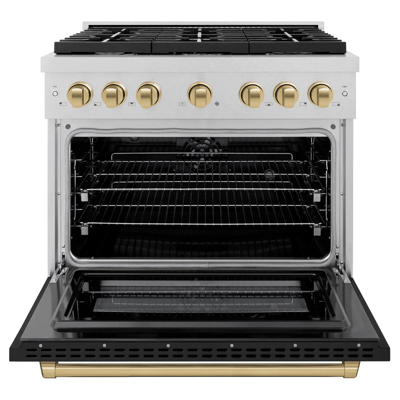 ZLINE Autograph Edition 36-Inch 5.2 cu. ft. Paramount Dual Fuel Range with 6 Burner Gas Cooktop and Electric Convection Oven in DuraSnow Stainless Steel with Black Matte Door and Champagne Bronze Accents (SDRSZ-BLM-36-CB)